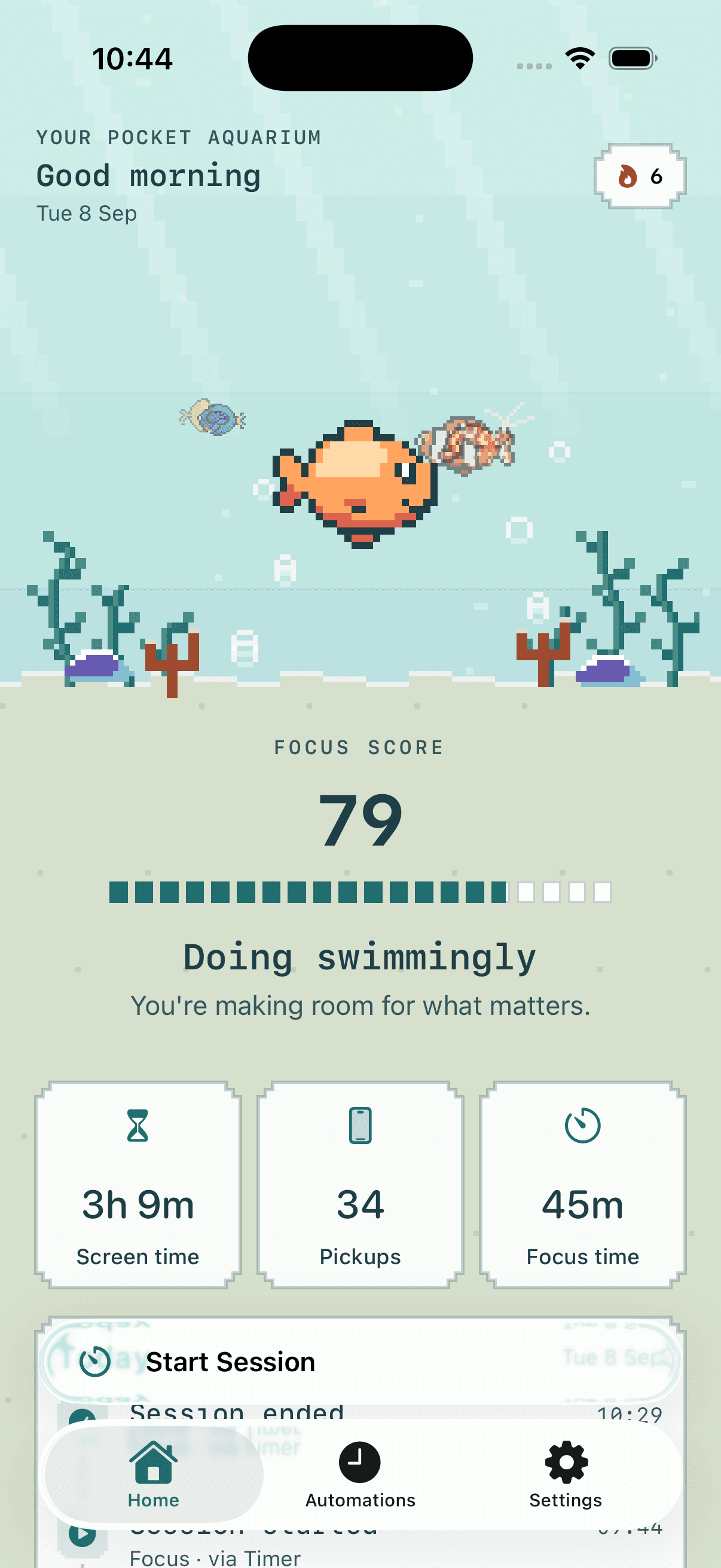 Think Tank home screen showing the pixel aquarium, a focus score of 79, daily activity, and the Start Session button.